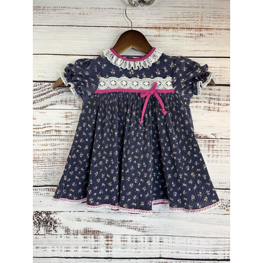 Vintage 80s  Roanna Girls Pleated Dress 2T Navy Blue Pink Floral Lace USA Calico